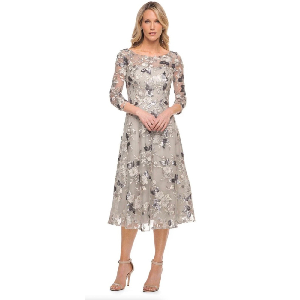 NWT La Femme 29988 - Embroidered Tea Length Dress SZ 12